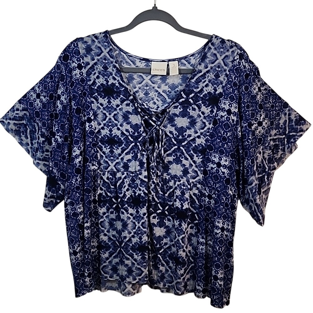 Chico's Navy and White Patterned Blouse‎ Chico's 3 (Our 16)
